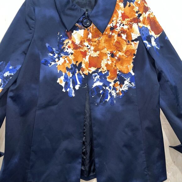 NWT Ellen Tracy Ink Blue Orange Abstract Floral Swing Cotton Blazer Jacket Sz 10 - Picture 4 of 11